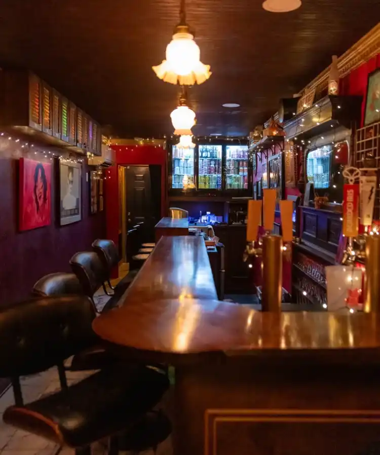 Inside Franklin's Little Bar, taps and bottle wall ready to pour